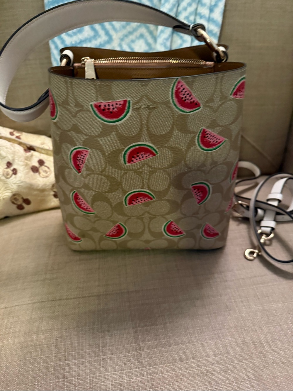 Coach Beige Signature Canvas Crossbody with Watermelon Print and White Strap and - Picture 8 of 9